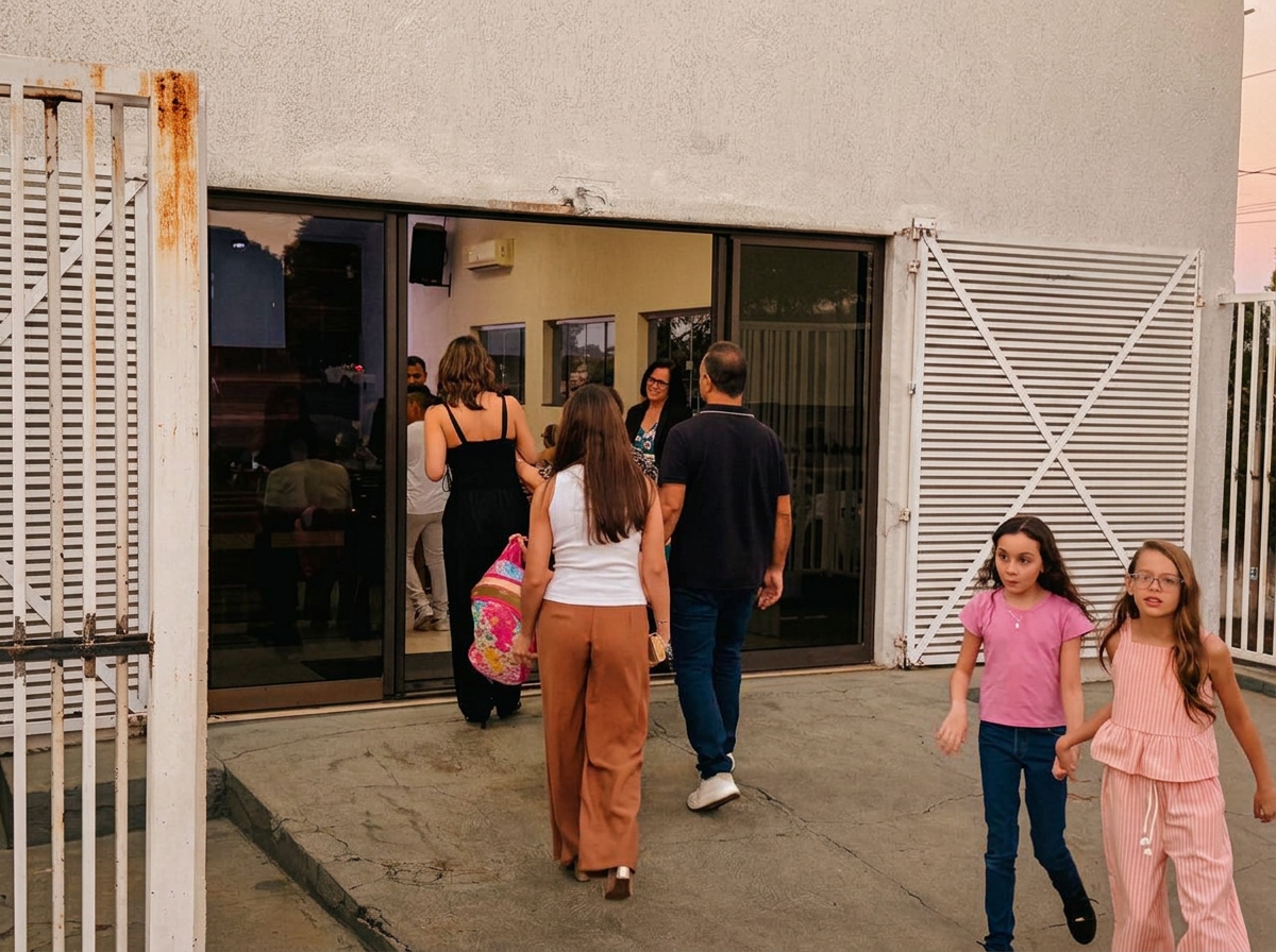 Famílias chegando para o culto na entrada da IPR Uberaba