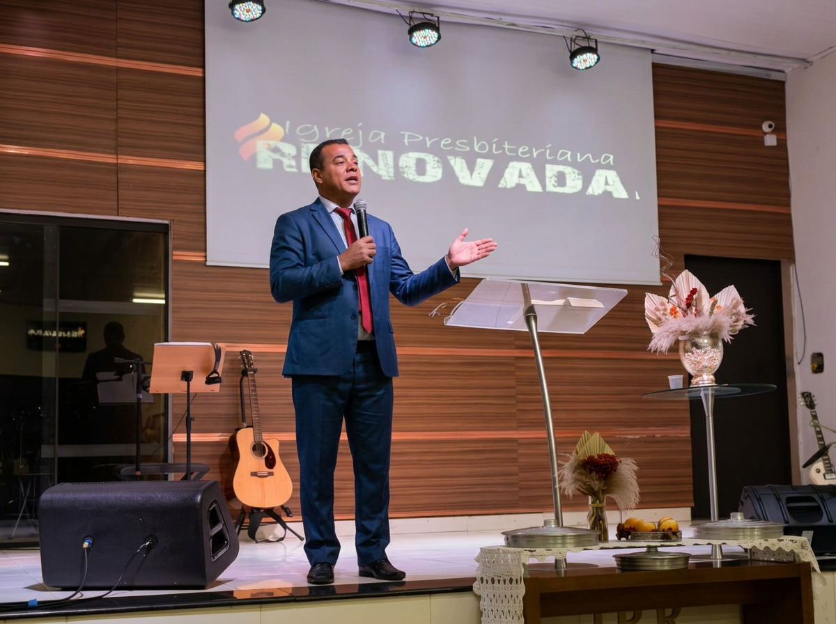 Pastor pregando a Palavra durante o culto na IPR Uberaba