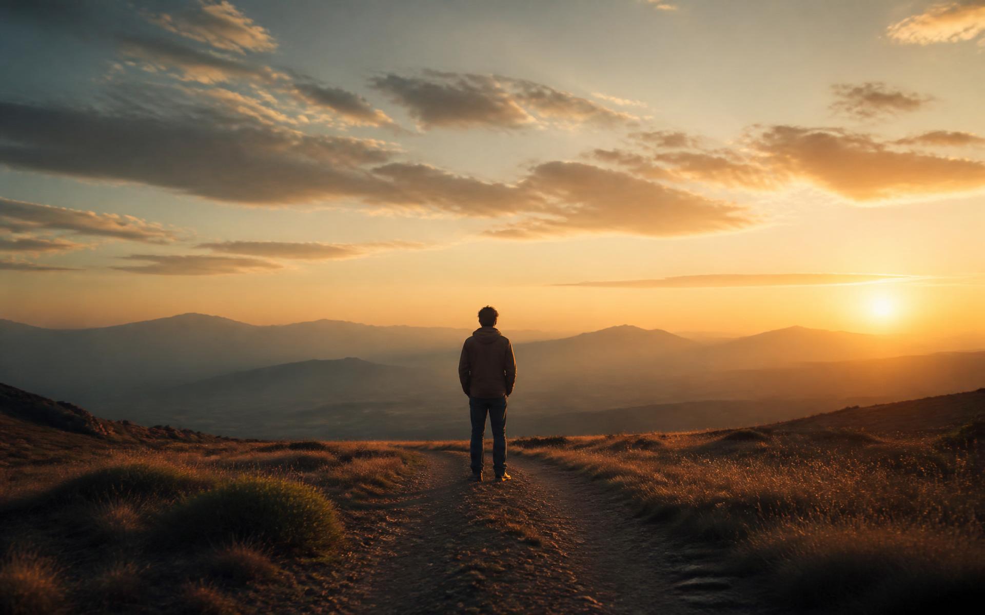 Pessoa contemplando o horizonte ao amanhecer