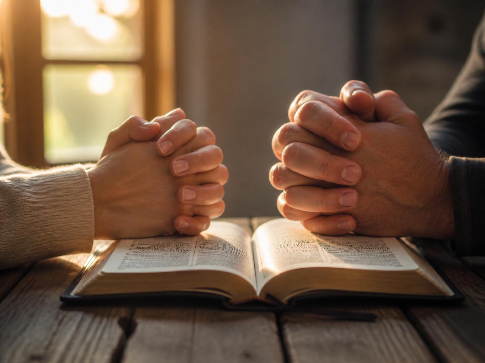 Duas pessoas com as mãos entrelaçadas em oração sobre uma Bíblia aberta